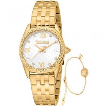 Just Cavalli Women's Analog Date Watch - Indomitable Animalier Collection, Yellow Gold Strap, Silver Gray Dial