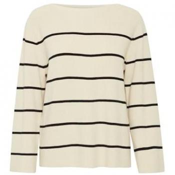 ICHI Women's Almond Milk Black Stripe Pullover - Modern Lightweight Knit Sweater - Size Large