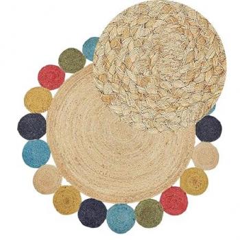Alfombra de Yute Natural Multicolor Redonda Ø 140 cm Boho Rústica para Sala de Estar