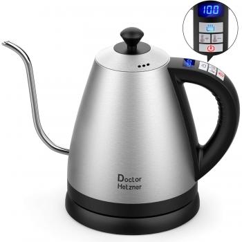Doctor Hetzner Hervidor Eléctrico, Hervidor de Agua con Cuello de Cisne 1.2L, Hervidor de Acero Inoxidable sin BPA, Tetera para Café Eléctrica con Termostato Strix Función de Aislamiento Térmico