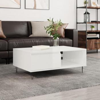 Mesa de centro de madera de ingeniería 90x60x35 cm en color blanco brillante, adecuada para salón o comedor, con diseño moderno y funcional