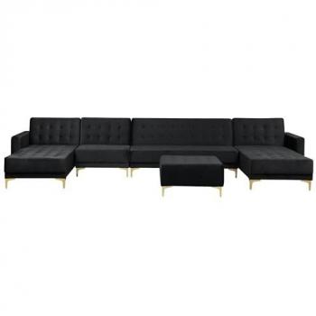 Sofá Cama Modular en U de Terciopelo Negro con Chaise Longue y Otomana para 6 Plazas Aberdeen