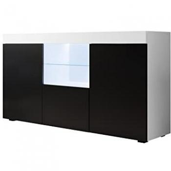 Aparador de salón modelo Natolia, 150x83x40cm, color blanco y negro mate, mueble de melamina con luz LED, 3 puertas
