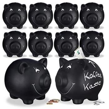 Set de 10 Huchas Cerdito Pizarra Cerámica Negro con Tiza, 14 x 17 x 13 cm