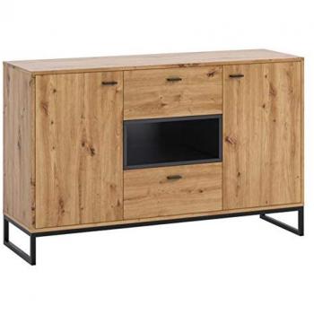 Cómoda Providence J104, Roble Artisan + Negro, 2 Cajones y 2 Puertas, 135 x 84 x 40 cm