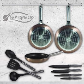 San Ignacio Pixel Pro Cooper Set de 3 sartenes + 4 Cuchillos 3 Utensilios de Cocina