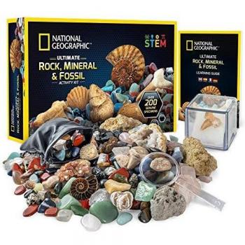National Geographic Set de Piedras Naturales, Fósiles Auténticos y Minerales para Niños – Juguetes Científicos con Más de 200 Piezas – Geodas Naturales, Cuarzo Rosa, Jaspe, Piedras Preciosas y Más
