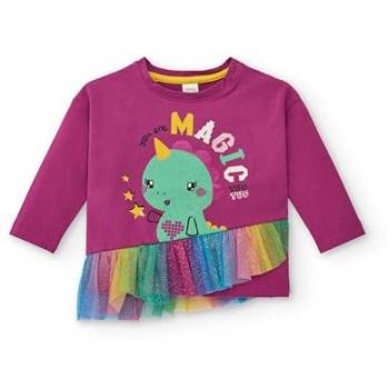 Camiseta de Manga Larga Morada con Volante Arcoíris y Dinosaurio para Niña - Colección Cyber Dino (Talla 5 años)