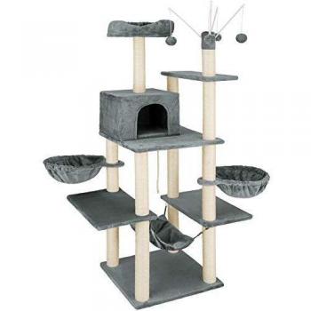 Rascador para gatos Tectake Lilou - Rascador robusto con funda acolchada de felpa, varios postes rascadores con fibra de sisal resistente, caseta y parque de juegos para gatos