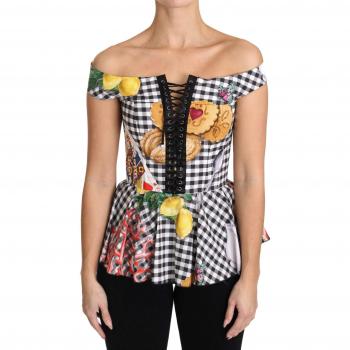 Dolce & Gabbana Black and White Corset Blouse Sicily Lemon Check Top - IT36|XXS, Female, Multicolor, Size: 3XS