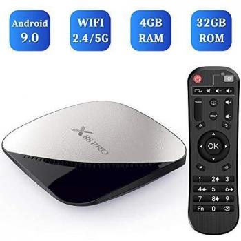 Android 9.0 TV Box 4GB RAM 32GB ROM RK3318 Quad-Core 64 bit Cortex-A53 CPU Penta-Core Mali-450 GPU 2.4GHz and 5GHz Dual Band WiFi H.265 4K Media Player