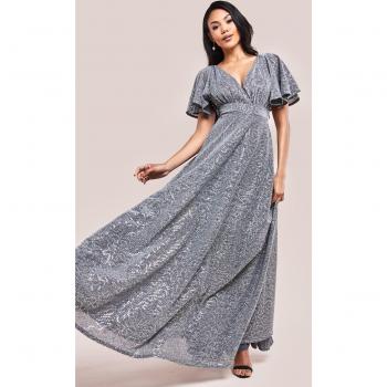 Goddiva Sequin Lurex Flutter Sleeve Maxi Dress - Silver