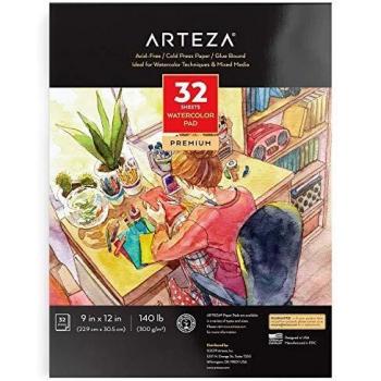 Arteza Bloc de acuarelas, 22,9x30,5 cm, 32 hojas de papel blanco de 300 gramos prensado en frío sin ácidos, encuadrenado con cola, perfecto para pinturas de agua, medios secos y mixtos