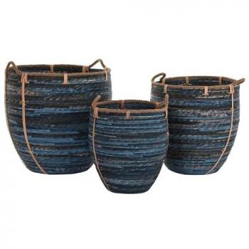 Juego de Cestas DKD Home Decor Ratán Azul Marino (3 Piezas) 56 x 56 x 60 cm