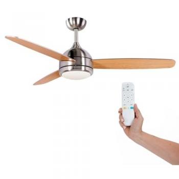Ventilador de Techo Kekai Siroco Plata DC 132x40cm 55W con Aspas de Madera, Luz Regulable, Temporizador y Conexión Smart