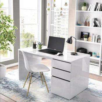 Escritorio Multiusos Lagoni Blanco con 2 Cajones y 1 Puerta, Mesa de Estudio Lineal 139x60x75 cm