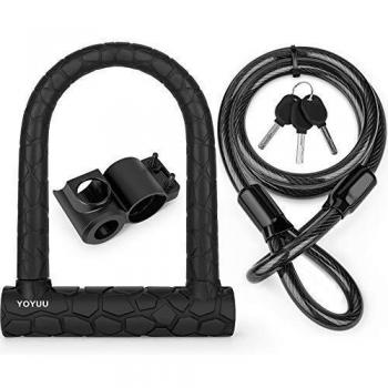 Candado en U para bicicleta, candado en D de grillete resistente con 3 llaves, cable de acero flexible de 1,2 m y soporte de montaje