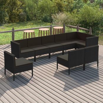 9-Piece Black Poly Rattan Garden Lounge Set with Cushions