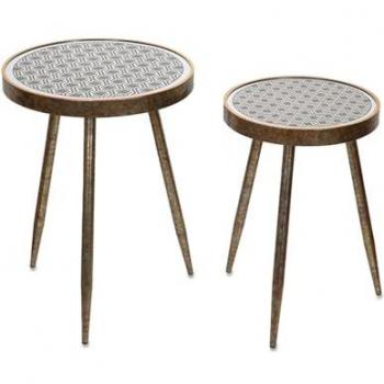 Juego de 2 Mesas Auxiliares con Top de Espejo Decorado en Rombos Bombay - Mueble Auxiliar de Metal y Cristal (45x61x45 cm)