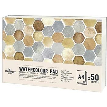Stationery Island Papel Acuarela - A4 Grado De Estudiante. Cuaderno De Bocetos De Acuarela Prensado En Frío Con 50 Hojas y Papel Premium De 300gsm Con Doble Textura. Para Pintar, Dibujar y Bocetos