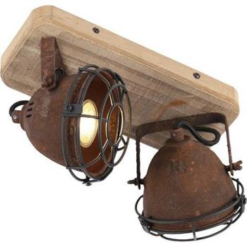 Plafón industrial óxido madera orientable 2-luces - GINA, Acero, Alargada, Adecuado para LED, Max. 2 x 25 Watt