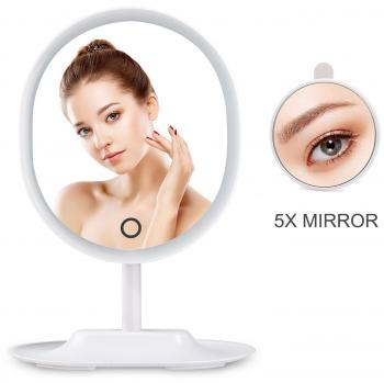 Espejo de Mesa, [Regalo de Reyes] HAMSWAN Espejo de Maquillaje, Espejo de Tocador con Aumento Desmontable 5X, Luz Adjustable Por Toque Botón de Pantalla Táctil, Recargable USB, Espejos Decorativos