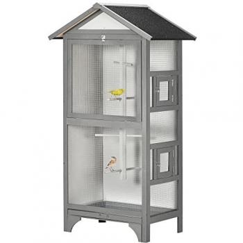 PawHut Jaula para Pájaros Pajarera de Madera con 3 Puertas, 4 Perchas, Bandeja Extraíble y Techo Asfáltico 80,5x57x153 cm Gris Claro