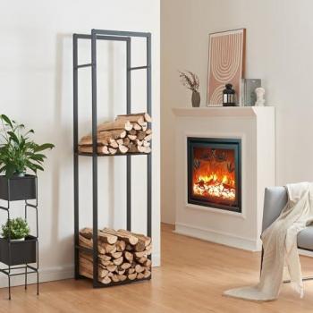 Soporte para Leña Ulvila de 2 Niveles en Acero y Aglomerado - 170 x 45 x 30 cm - Negro con Grano de Madera