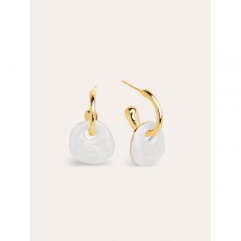 Pendientes Aro Singularu Bean White Melted Enamel Baño Oro - Pendientes Aro en Latón con Acabado en Baño de Oro de 18 Kt y Motivo Colgante - Cierre Silicona -