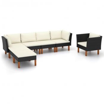 7-Piece Black Poly Rattan and Eucalyptus Wood Garden Lounge Set