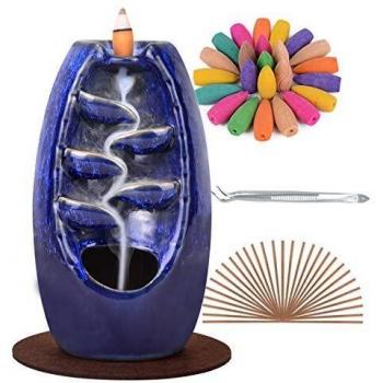 SPACEKEEPER Soporte para Quemador de Incienso de reflujo, Adorno de cerámica para aromaterapia, decoración del hogar con 120 Conos de Incienso de reflujo + 20 varitas de Incienso, Azúl Marino