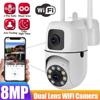 Cámara IP de Doble Lente 8MP con Pantalla Dual, PTZ, Visión Nocturna a Color, Seguimiento Automático, Seguridad CCTV, Exterior WiFi Blanca