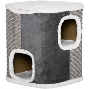 Barril Rascador para Gatos de 2 Niveles con Cuevas de Sisal y Plataforma de Vellón, Ideal para el Entretenimiento y Descanso de tus Mascotas