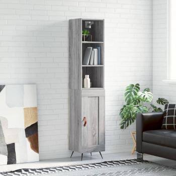 Aparador alto de madera contrachapada gris Sonoma 34,5x34x180 cm con 1 puerta de madera, mueble de almacenaje para salón, buffet y armario auxiliar