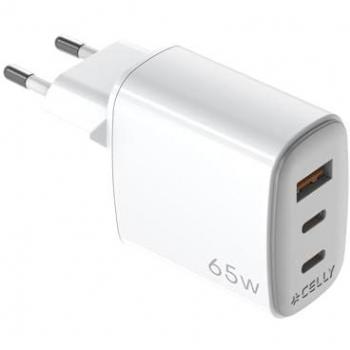 Cargador de Pared Celly 65W con 2 USB-C y 1 USB-A, Tecnología GaN, Blanco