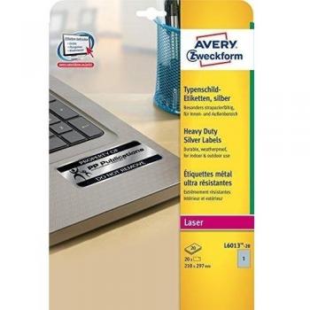 AVERY España L6013-20 - Etiquetas platas resistentes intemperie, 210 x 297 mm, caha 20 hojas