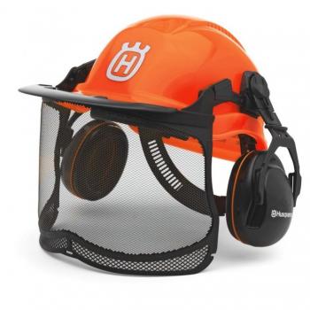 Casco de seguridad forestal Husqvarna Functional naranja con visor protector acústico y protector de nuca