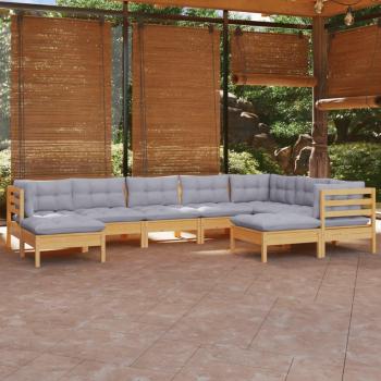 9-Piece Garden Lounge Set with Grey Cushions - Solid Pine Wood
