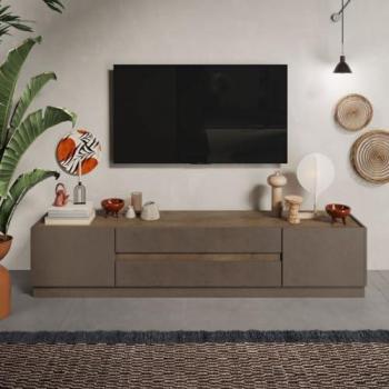 Mueble de TV contemporáneo Utopía con 2 puertas y 2 cajones - 205 x 44 x 40 cm - Fabricación italiana - Color bronce y roble mercurio