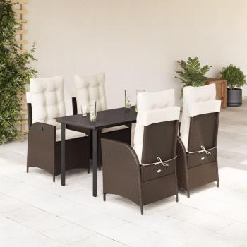 5-Piece Brown Poly Rattan Garden Dining Set with Cushions