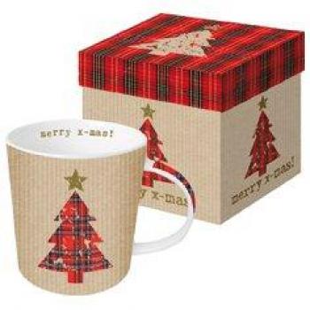 MUG BONE CHINA 0,35CL TARTAN TREE RED