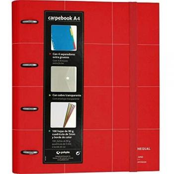 Grafoplás 88102951. Carpeta 4 Anillas Troqueladas, Recambio 100 Hojas de 90 Gramos, 4 Separadores Extra Gruesos y Sobre Transparente, A4, Rojo, Carpebook Unequal Grid