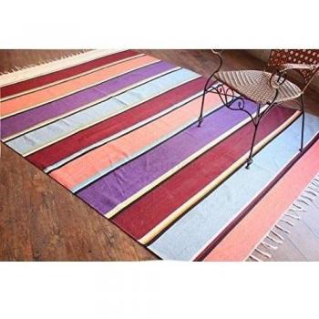 Alfombra de tejido reversible tejido 100% algodón orgánico con tintes vegetales. Estampado a rayas multicolor. Tapete. Medidas: 180x240 cm