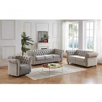 Sofá Chesterfield de 3+2+1 plazas - Terciopelo gris claro