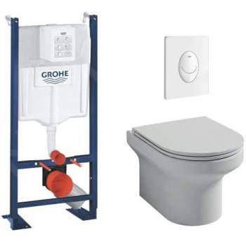 Pack inodoro suspendido sin brida Jacob Delafon Elite + Estructura soporte Grohe Rapid SL + Placa de mando blanca Quickfix