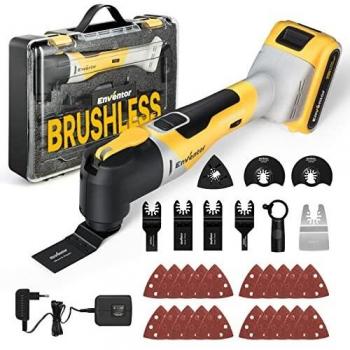 Multiherramienta Oscilante, ENVENTOR Brushless 20V 2.0Ah Herramienta Multifunción con 6 Velocidades, 12000-19500RPM, Cargador, 28 Accesorios, Herramientas Oscilantes para Cortar, Lijar y Pulido