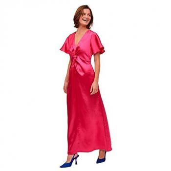 Vestido Largo Satinado de Manga Corta Vila Sittas Rosa Oscuro