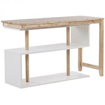 Escritorio Esquinero Modular de Madera de Caucho Clara y Blanco 120 x 45 cm con Parte Superior Giratoria y Estantes Abiertos