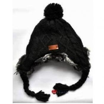 Arran Knit Fur Bobbled Hat with Ear Flaps in Black