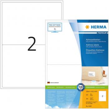Etiquetas Adress HERMA 4249, 199,6 x 143,5 mm, blancas, autoadhesivas, mate, paquete de 100 hojas (200 etiquetas)